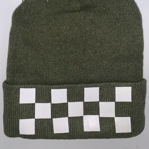 OOAK Olive green beanie with white checkered design